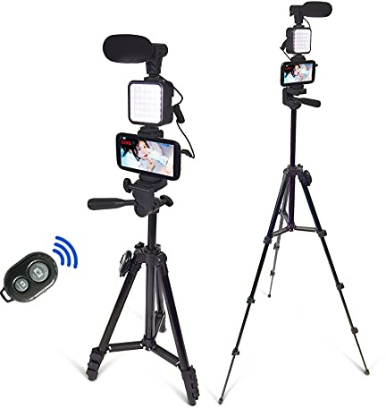 Kit vidéo pour smartphone, kit de vlogging, kit Youtuber, avec microphone et trépied de lumière de 127 cm, extensible, télécommande compatible avec iPhone/smartphone/appareils photo
