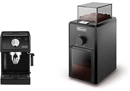 Machine à expresso De'Longhi ECP 31.21 | Porte-filtre avec finition aluminium | Filtre pour 1 ou 2 tasses Espresso | Noir & Moulin à Café Electrique, Broyeur avec Réservoir d'une Capacité de 120 g