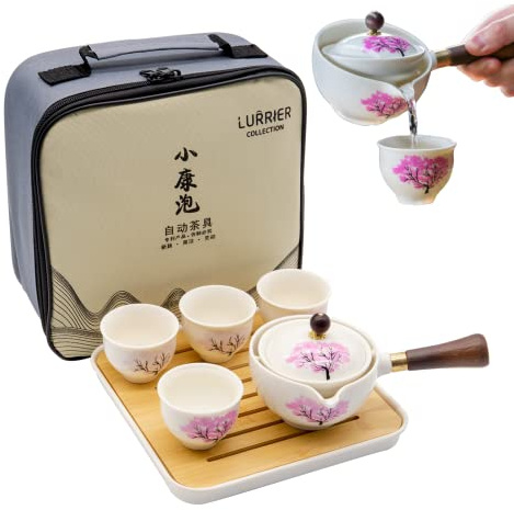 LURRIER Porcelain Chinese Gongfu Tea Set,Portable Teapot Set with 360 Rotation Tea maker and Infuser,Portable All in One Gift Bag for Travel,Home,Gifting,Outdoor and Office (Sakura)
