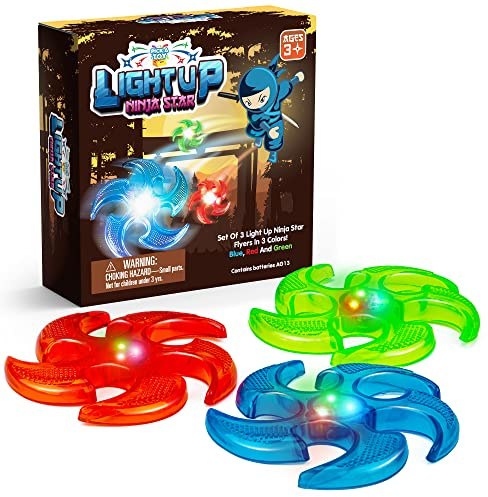 PICK A TOY Light Up Frisbee Ninja Flyers, 3 LED Electronic Stars, Heavy Duty Rubber Throwing Discs, Ninja Party Favors & Kids Toys, 3 Colors, Includes Gift Box