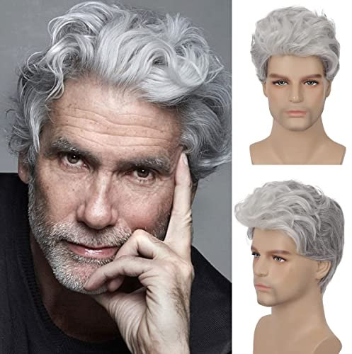 Baruisi Mens Wigs Grey Short Curly Wig Synthetic Layered Cosplay Hair Wig for Daily Party with Wig Cap