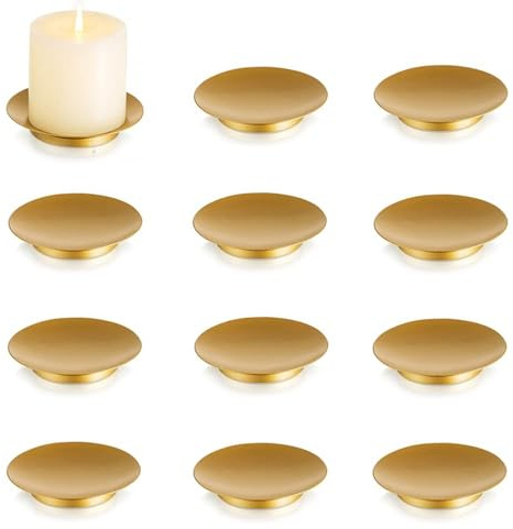 Inweder Supports pour Bougies Piliers Or: 10,8cm Bougeoirs Ronds, 12 Pcs | Décoration Vintage, Plateau Décoratif Rond pour Bougies chauffe-plat/Votives, pour Mariage, Noël, Table à Manger, Cheminée