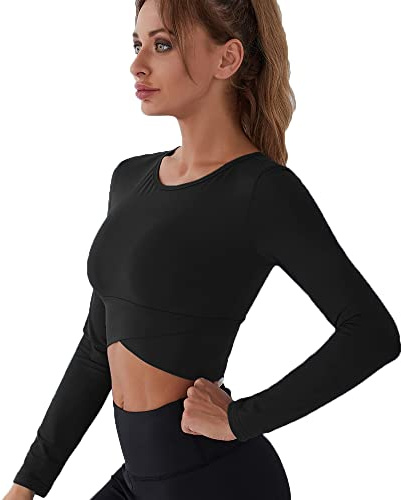 Damen Crop Shirt Cut Outs Casual Tops Sexy Sport Oberteil Bauchfrei Langarmshirts Rundhals Schnelle Trockene Sporttop
