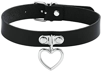 Gualiy Leder Choker Damen, Choker Kette Silber Herz Punk Rock Gothic Halskette Verstellbar Lederhalsband für Frauen und Mädchen 40CM