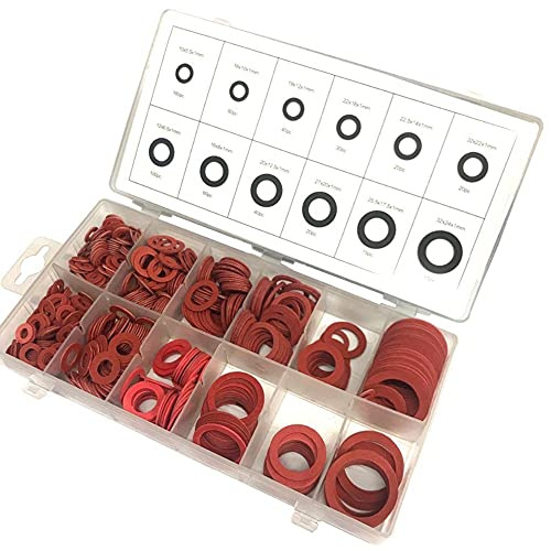 600 Stück flache Faser-Unterlegscheibe, 12 Größen, Faser-Unterlegscheibe, rotes Stahl-Papier-Isolierscheiben, sortiertes Set, Dichtungsscheiben-Sortiment mit Box