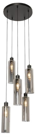 Qazqa Modern Pendelleuchte, Pendellampe - Stavelot - Schwarz mit Rauchglas, Rund, 5-flammig, 40cm,