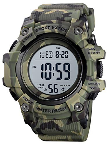 FeiWen Hombre Simple Relojes Impermeable Outdoor Sport Militar Deportivo LED Electrónica Digitales Multifuncional Alarma 12H/24H Plástico Reloj de Pulsera con Goma Correa (Camuflaje Verde Militar)