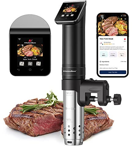 KitchenBoss Sous Vide Machine WIFI Precision Cooker: 1100 Watts App Temperature Control 40°C-90°C, IPX7 Immersion Circulator, TFT Touch Water Bath, Ultra-Quiet With 25 Recipes