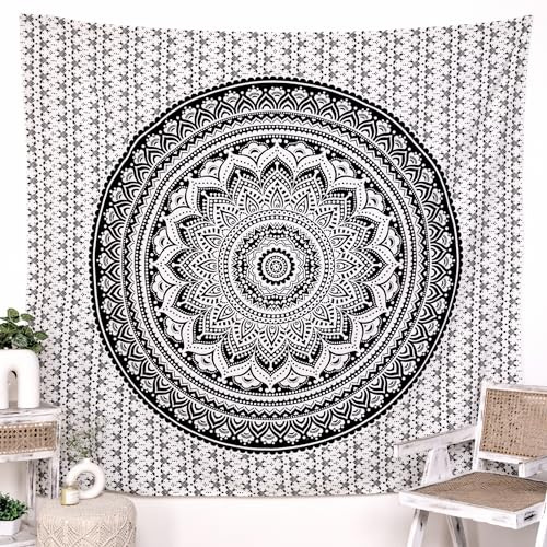 Elefanten-Mandala-Wandteppich, Baumwolle, Wandbehang, Hippie-Wandteppiche, Hippie-Strandüberwurf, College-Wohnheim-Dekoration, Bohemian-Boho-Bettlaken – Schwarz – Queen – 213 x 229 cm