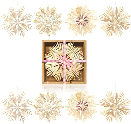 com-four® 8X Strohsterne im Mix-Set - Stroh-Anhänger für den Weihnachtsbaum - natürlicher Christbaum-Behang - Weihnachtsdekoration - 18 cm