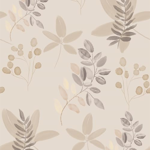 JOLIHOME Effet Feuilles et Fruits Beige Papier Peint Auto-Adhésif Marron et Gris Vintage Papier de Contact Plastique Autocollant Film Vinyle Rouleaux pour Chambre à Coucher Surface 44.5x500cm