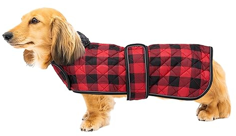 Geyecete Wasserdichter Hundemantel,Dackel Mantel,Hundejacke Winter für Dackel,mit Warmem Fleecefutter innen,Verstellbaren Outdoor Hundebekleidung für Dackel Miniatur Dackel-Kariert Rot-S
