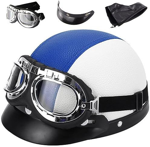 Mezzo Jet Caschi Scodella Vintage Casco Moto Pelle Uomo Donna Motociclo Metà Aperto Faccia Casco Con Occhialoni ECE Approvato Per Street Scooter Ciclomotore Adult Casco Aperto Da Moto