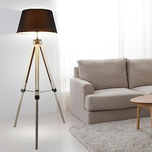 Stehleuchte Wohnzimmer grau Stehlampe Metall Standleuchte Stativ Holz, Textilschirm, 1x E27 Fassung, DxH 65x145 cm