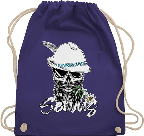 Turnbeutel Rucksack - Kompatibel mit Oktoberfest Tasche - Servus Totenkopf Skull Bayrisch - Unisize - Lila - trachtenrucksack bayrische taschen trachtentaschen bayern beutel oktoberfest-tasche