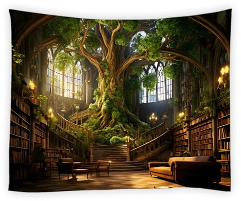 WIYKMK Bibliotheks-Wandteppich, Retro-Bücherregal, Gothic, mittelalterliches Zimmer für Arbeitszimmer, magischer grüner Baum, Waldschloss, Wandbehang, Kunst, Heimdekoration für Wohnzimmer,