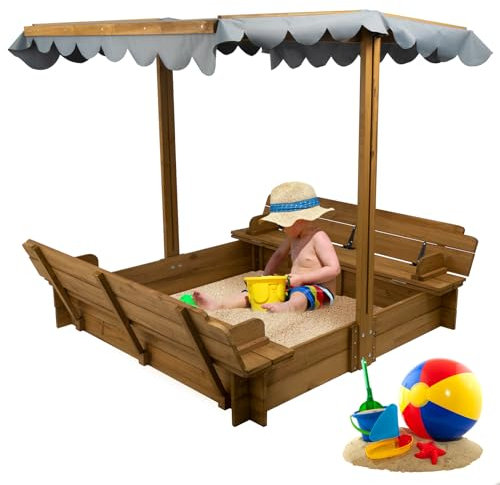 PetsCosset Wooden Sandbox with Lid, Kids Sandbox with Cover Outdoor, with 2 Foldable Bench Seats for Backyard (47x47in), UV-Resistant & Adjustable Height Roof, Gift for Ages 2-8