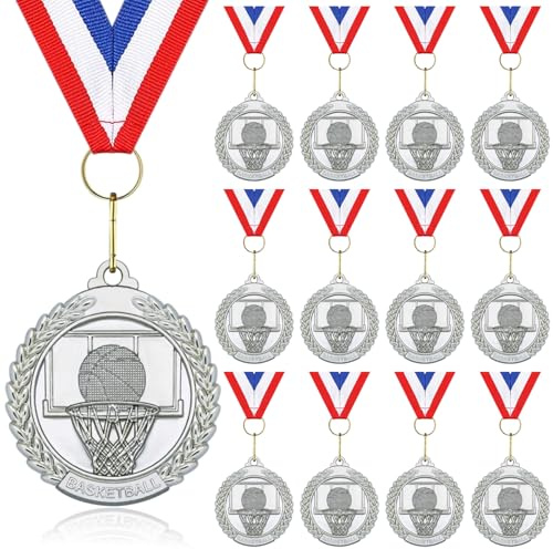 Donrime Basketball Medals for Awards - 12 Pack Sliver Metal Medal for Basketball Team, Sports Day Favors Prizes for Kids Boys Children Adults(Sliver)