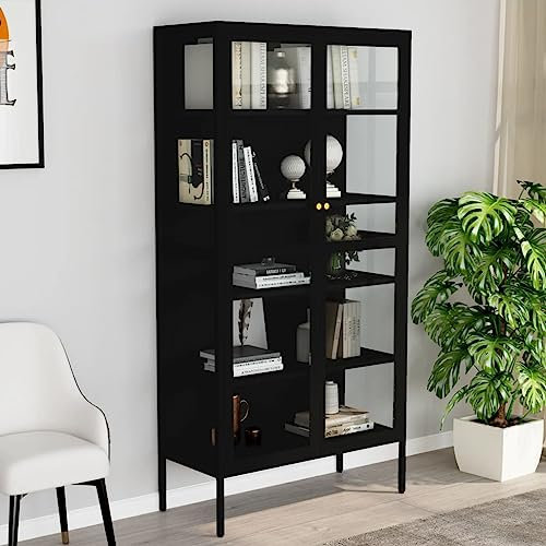 THOYTOUI Vitrine, Werkstattschrank Metallschrank Stahlschrank Kleiderschrank Geeignet für Lagerhaus Garagen Schulen Büro Schwarz 90x40x180 cm Stahl und Gehärtetes Glas