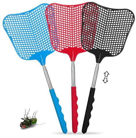 YOLONCE 3 Stück Fliegenklatsche,Fliegenklatsche Ausziehbar,Stabil Manuelle Fliegenklasche,Fly swatter für Fliegen,Mücken und Insekten,Schwarz,Blau,Rot.