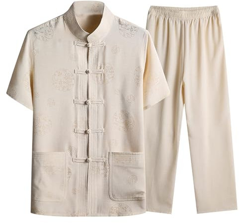 Caxndycing Zweiteiler Herren Leinenanzug Sommer Freizeitanzug Einfarbig 2-teilig Kurzarm Button Up Stehkragen Hemd und Leinenhose Set Kampfkunst Kung Fu Tai Chi Wushu Klassisch Tangzhuang