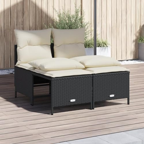 Faroom Gartensofa 2 Sitzer Rattan Lounge Sofa Outdoor mit Hocker Balkon Sofa Balkonmöbel Kleines Balkonsofa 2-Sitzer Gartenmöbel Set Rattansofa Balkon Lounge Schwarz
