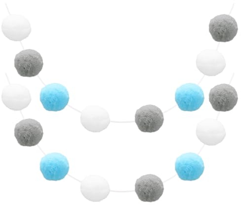 QUARKZMAN 2pcs Guirnalda de Pompones 6.6 pies 30 Bolas Guirnalda de Fieltro Colorida para Decoración de Pared, Árbol de Navidad, Banner de Cumpleaños, Blanco, Gris, Azul