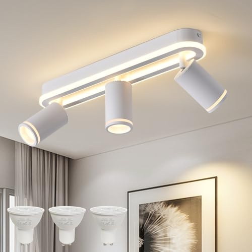 MYCUL LED Deckenstrahler 3 Flammig Schwenkbar 350°, Deckenleuchte mit unteres Glühen 27W+3x5W GU10 Spots,3000K Warmweiß Deckenspot strahler,Modern Deckenlampe Lampe,Spotleuchte für Küche,Flur-Weiß