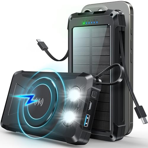 Magnetic Power Bank 20000mAh Wireless Portable Solar Charger 22.5W USB C PD QC 3.0 Fast Charging Camping External Battery Pack 5 Output 3 Input,with 2 LED Flashlight for Outdoor (black)