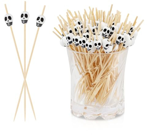 NIEITRK 100 Stück Halloween Cocktailspieße aus Holz - Mit Schädel Deko für Partys, Fingerfood und Getränke,Cocktail Sticks Dekoration Catering