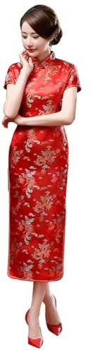 ZNLFS Cheongsam Dress for Women Evening Dress Short Sleeve Slim Fit Retro Long Printed Stand Collar Bodycon Qipao