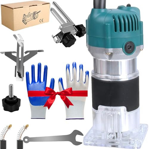 Herramienta de fresado de palma de madera, fresadora de mano eléctrica de 800W, fresadora de madera de 30000 RPM con altura de base ajustable, guantes, escala, máquina de grabado y fresado laminado