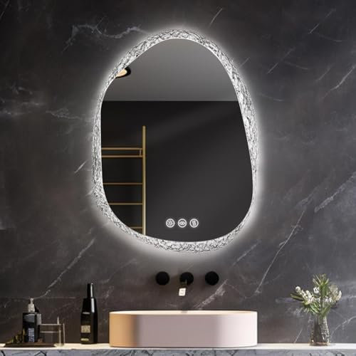 LUVODI Miroir de Salle de Bain avec Éclairage 80x60cm Miroir LED Asymétrique avec Interrupteur Tactile Miroir Connecté Dimmable Miroirs Lumineux 3 Couleurs de Lumière Réglables Antibuée IP66
