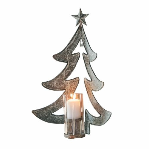 LOBERON Wandkerzenhalter Jolise, Tannenbaum-Form, mit Antik-Finish, für EIN Teelicht, Kerzenständer, Weihnachtsdekoration, Weihnachten, Eisen, Glas, antikschwarz