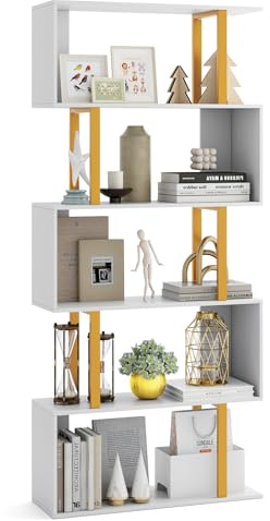 COSTWAY 4/5/6-Tier Bookshelf, S-Shaped Bookcase Ladder Shelving Unit with Anti-tipping Kits, Freestanding Tall Storage Shelf Open Display Rack for Living Room & Office (70 x 24 x 157cm, White+Gold)