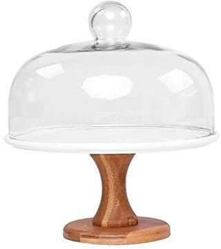 White Ceramic Dome Cake Stand with Glass Cover for Wedding Dessert Table Elegant Salad Cheese Tray for Cafe Decor 24/26CM Kitchen Food Cover Stand