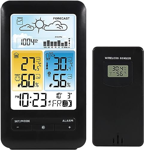 Estación meteorológica digital LCD, reloj despertador digital inalámbrico con pantalla LCD a color, termómetro de temperatura para interiores y exteriores, pantalla a color y puerto de carga USB,