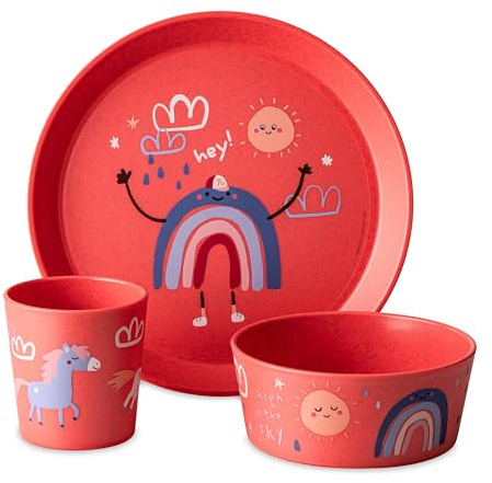 Koziol CONNECT DREAMS Kindergeschirrset 3teilig | kleiner Teller + Schale + Becher | für Kinder ab 6 Monate | biozirkulärer Kunststoff, bruchfest, spülmaschinengeeignet (organic coral red)