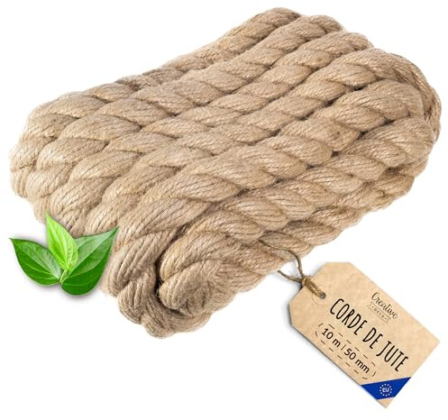 Creative Deco Thick Heavy Duty Jute Rope Natural Brown | 10mx50mm | Twisted | Hemp Rope | Personalisation Every 5m | Twine Decking Rope Cord Cat Arts Crafts Garden Hammock Swing | Strong Durable String