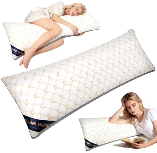 Chilling Home Full Body Pillows for Adults with Silky Cover, Embroidery quilted Bolster Pillow, Pregnancy Long Pillows for Bed, Large Maternity Pillow for Sleeping(White-golden)