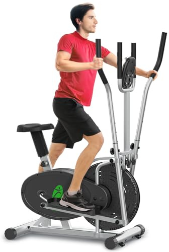 Neezee Ellittiche Per La Casa - 2 IN 1 Cyclette Per Cross Trainer Con Sedile, Monitor LCD Intelligente, Resistenza Regolabile, Allenamento Migliorato Per Tutto Il Corpo, Fino a 120 KG (Argento)