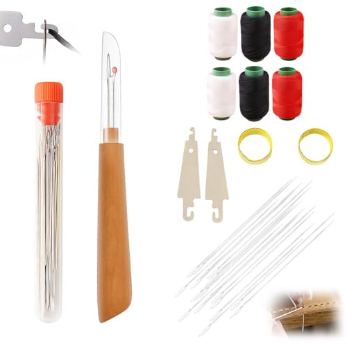 Nähzubehör Set,Nähset mit Sticknadel,Nadelkissen,Fingerhut,Nadeleinfädler,Nähgarn,Nahtschneider für Leder Teppich Matratzen Reparieren (37 Stück)