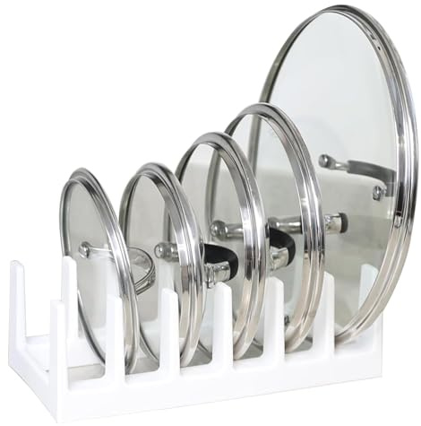 PRADICHI Pan Organiser for Cupboard – Plastic Pot Lid Holder with 6 Sections | Pot Lid Organiser | Pan Storage Organizer | Pot & Pan Racks | Kitchen Accessories (White)