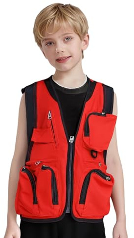 Kaerm Chaleco de pesca para niños y jóvenes, ligero, transpirable, con varios bolsillos, para tiempo libre, camping, caza, pesca, sin mangas, chaqueta de pesca, rojo, 128-152