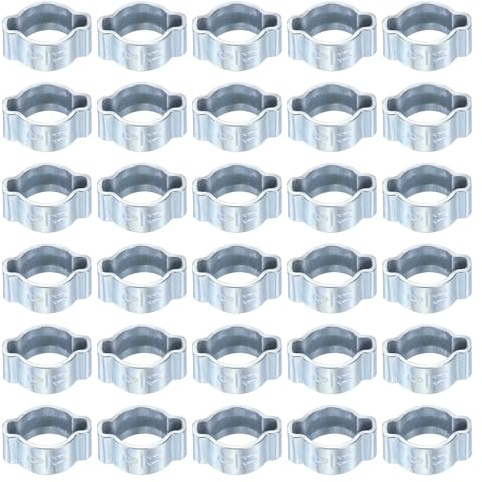 sourcing map 30pcs Double Ear Hose Clamp 9-11 mm Galvanized Steel Hose Clamp Double Ear O Clips Crimp Rings for Fuel Line Pipe Tube Fitting Connections, Silver