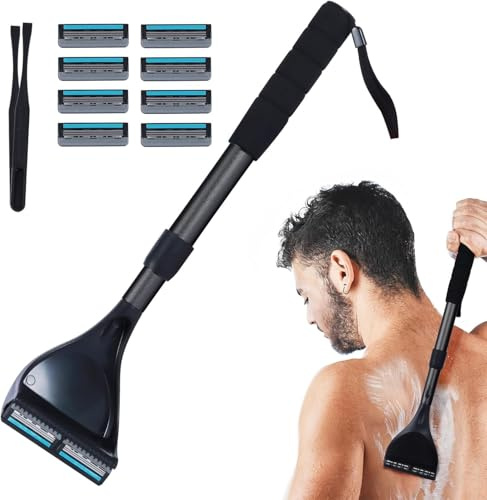ETbyto Back Shaver for Men - Retractable Long Handle Back Hair and Body Shavers,Replaceable Multi-Layer Double Blades（8PCS）, Ergonomic DIY Wet or Dry Shaving Solution,