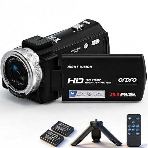 ORDRO V12 Videokamera 1080P | IR Nachtsicht, 16X Zoom Digitalkamera, Mini-Stativ, Fernbedienung, 2 Batterien