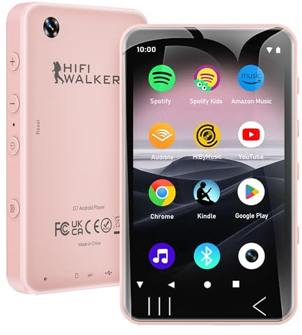 HIFI WALKER G7 MP3-Player mit Bluetooth & WLAN, Android 13, 144 GB Speicher, 3 GB RAM, 4-Zoll HD-Touchscreen, MP3/MP4-Player mit Lautsprecher, Kamera und Kindersicherung (Rosa)