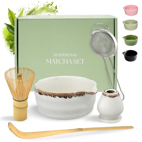 Matcha teset med keramikskål, bambuvisp med stativ, sked och sil, japanskt teset för matcha latte och ceremony, vitt med brun kant