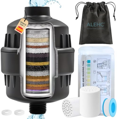 ALEHC® Filtro de Ducha Anticloro Negro Mate para Piel y Cabello | Filtro Agua Ducha para Agua Dura, Reduce Cloro y Cal, Agua Más Suave, Incluye Tiras Test Orientativas y 2 Cartuchos